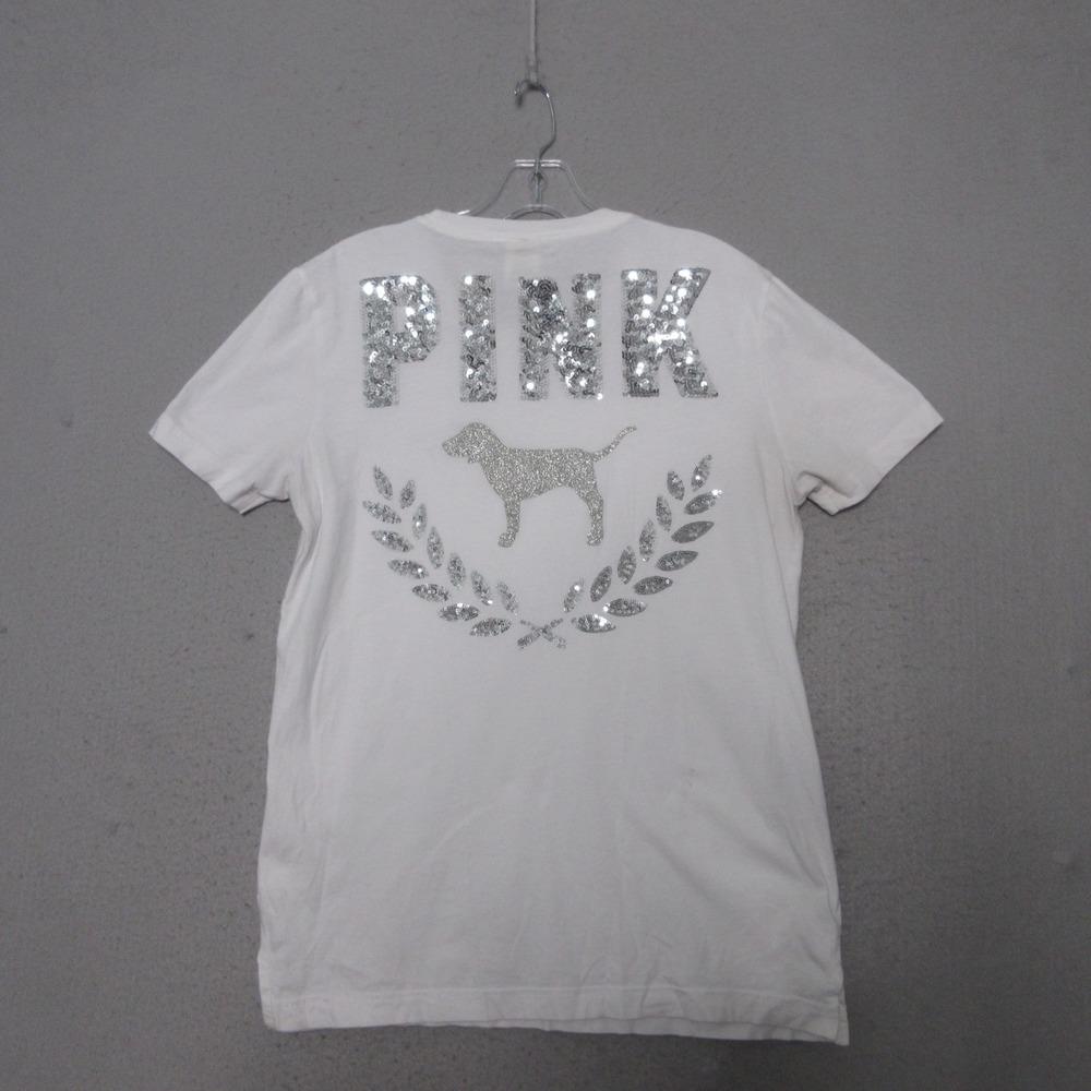 Victorias Secret PINK Shirt XS White Campus Tee VS Sequin Bling Y2K‎ Dog Logo